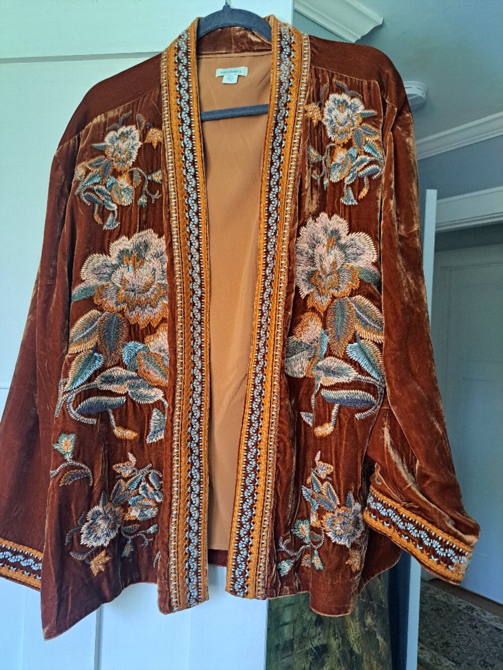 Xxl Sundance Women's Rust Velvet Embroidered Kimono Jacket. It features a rust-c
